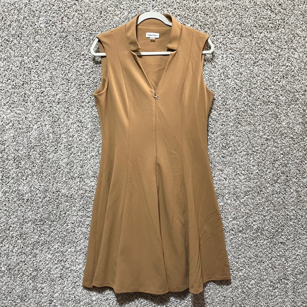 Calvin Klein Dress Women's 12 Tan Sleeveless V-Neck Zip Front Fit and Flare